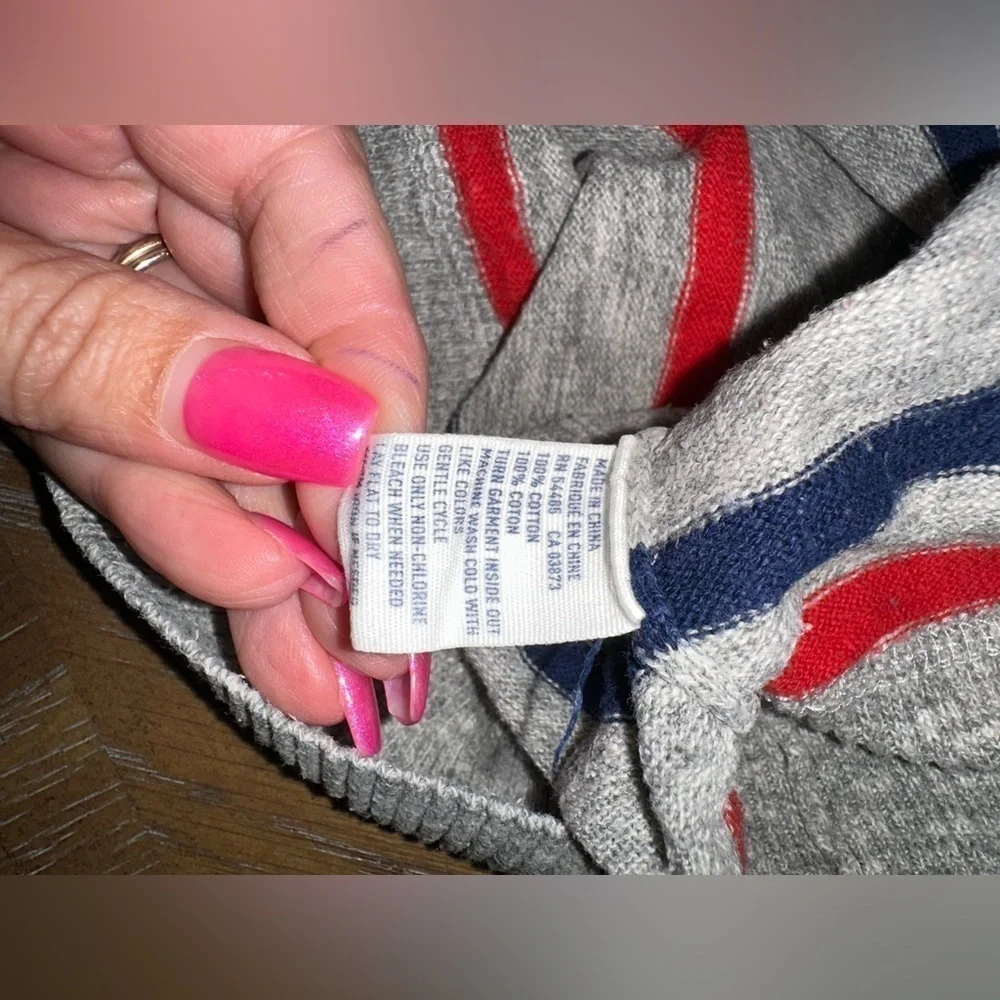 American Eagle Cotton V-Neck Sweater - Grey with Red & Blue Stripes - Size M